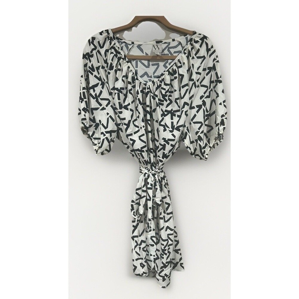 Worthington Black White Geometric Abstract Dress Size XL Puff Sleeve Tie Waist